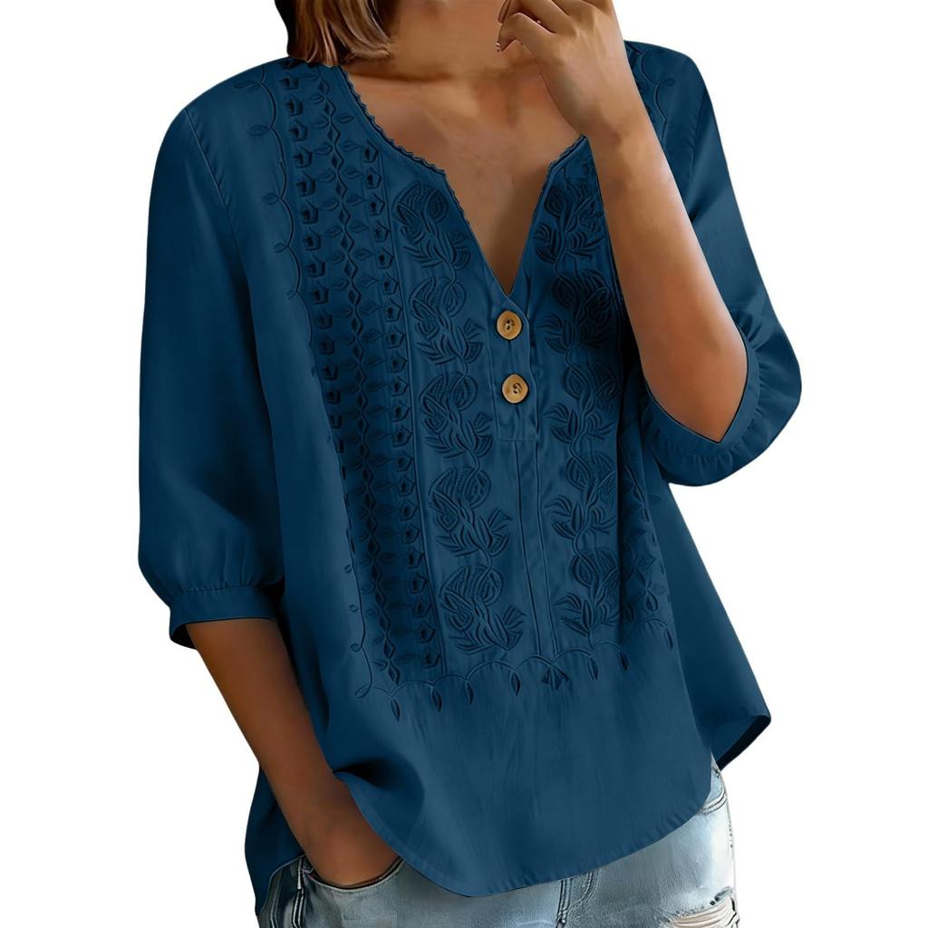 Damen V-Ausschnitt Dreiviertelarm Bestickte Knopfleistenbluse mit Blumenmuster Lockerer Schnitt Lässiges Oberteil