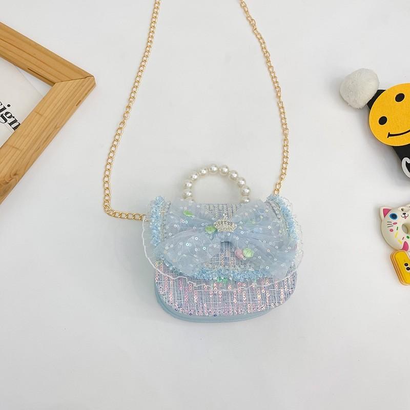 Childrens Canvas Bag With Artificial Pearl Handle And Butterfly Cartoon Pattern For Daily Use