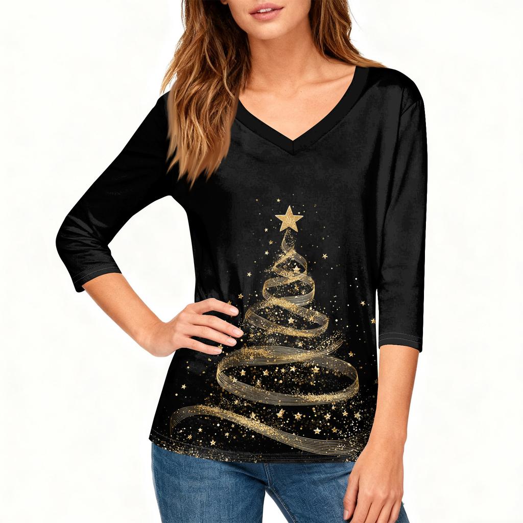 3/4 Sleeve Shirts For Women Print Christmas Tees Blouses Casual Plus Size Basic Tops Pullover