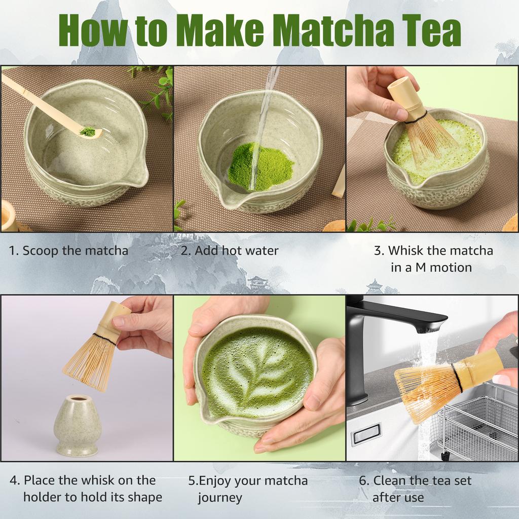 Chinese Handmade Matcha Tea Set with Ceramic Bowl Whisk Holder & Bamboo Stirrer Teaspoon Tea Ceremony Set Matcha Teaset Gift Set