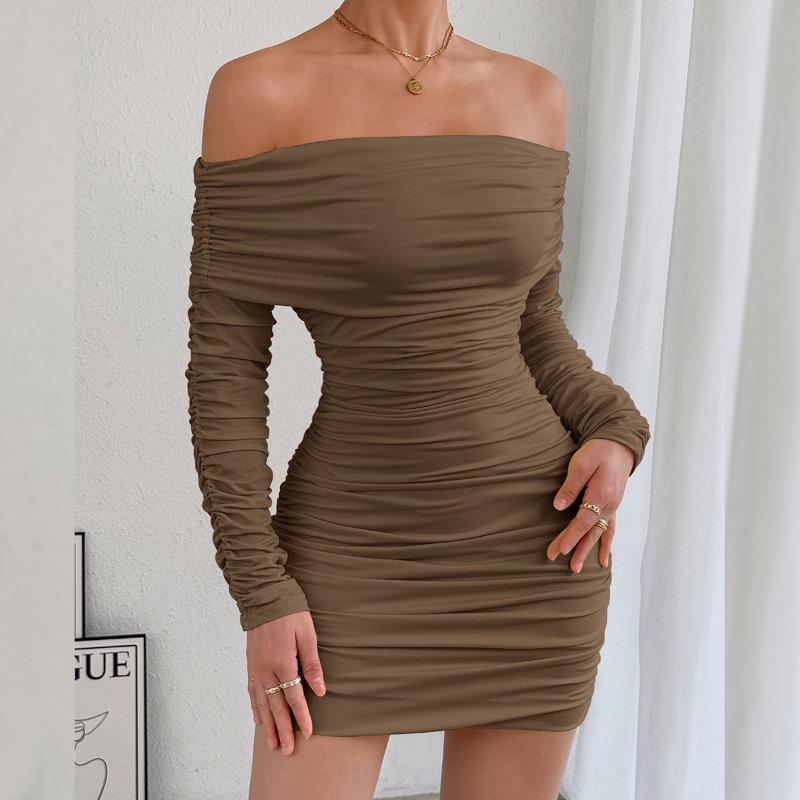 New Autumn Winter Women's European American One-line Collar Long-sleeved Pleated Slim-fit Hip-hugging Sexy Dress