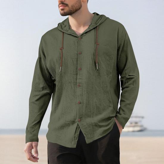 Camisetas para Hombre con Capucha Cordón Manga Larga Botones Tapeta Camisa Tops Color Liso Corte Regular Casuales Viaje Oficina Uso Diario