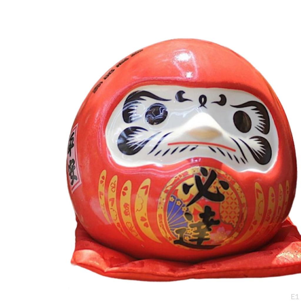 Ceramic Daruma Doll Statue Ornament Piggy Bank for Cafe Apartment Restaurant Red