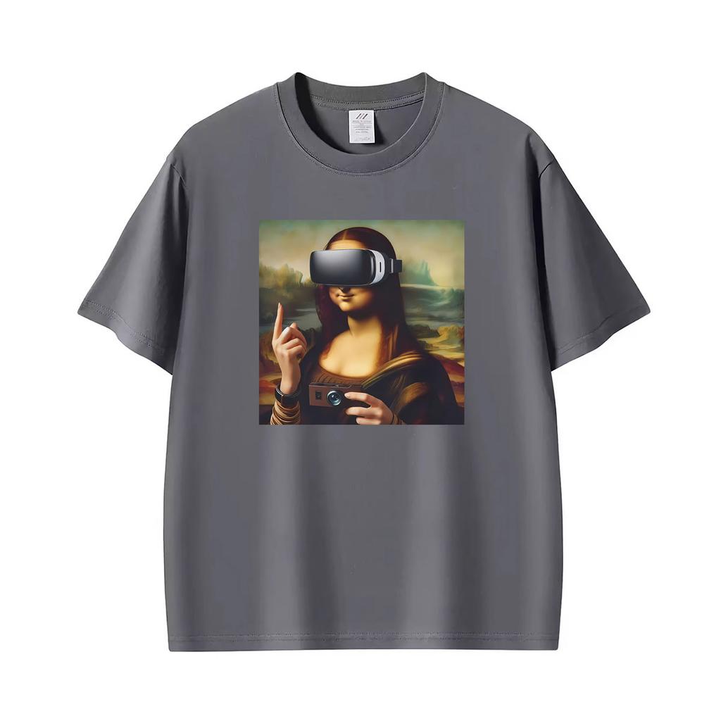 Funny Mona Lisa With Headset Funny Meme Graphic T Shirts Unisex Unisex Casual Cotton Tshirt Fashion Short Sleeve Oversized Tshirts