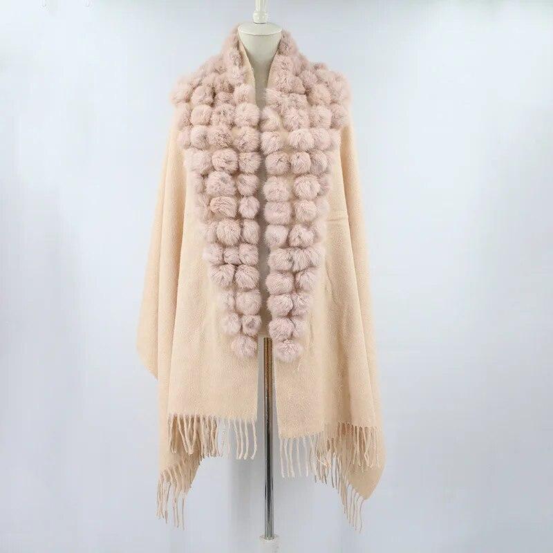 20 Colors Triangle Real Rabbit Fur Ball Shawl Wraps Winter Women Cashmere Tassel Cape Pompon Cloak Lady Mum Gift Casaco Feminino