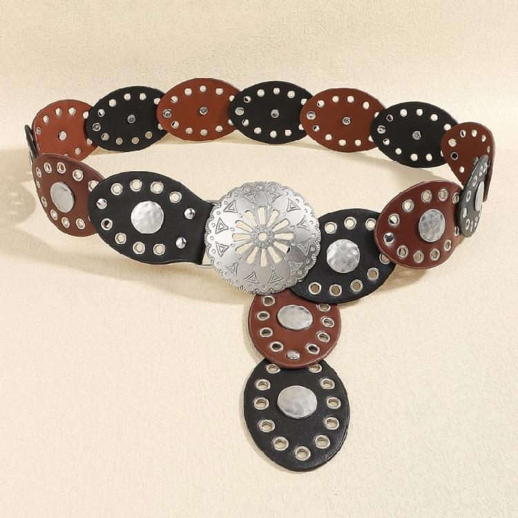 Fashion Bohemian Oval Disc Belt for Adult Western Waistband Ethnic PU Leather Hollowed Buckle Waiststrap for Dresses