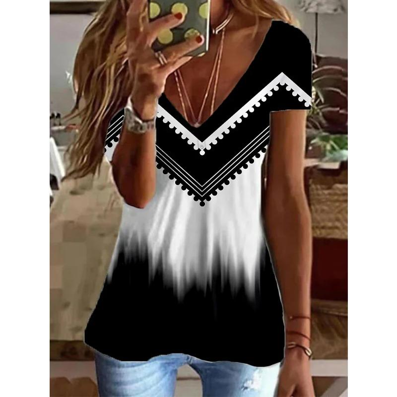 Summer V-neck 3D Printed Top Fashionable Casual Short Sleeved Women's T-shirts