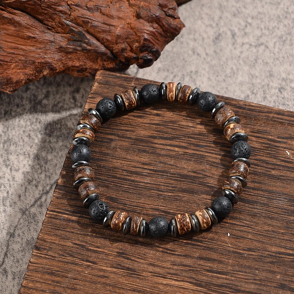 Men's Lava and Wood Bead Bracelet, Embellished with Hematite, Natural Stone Jewelry That Combines Energy,suitable for Daily Wear