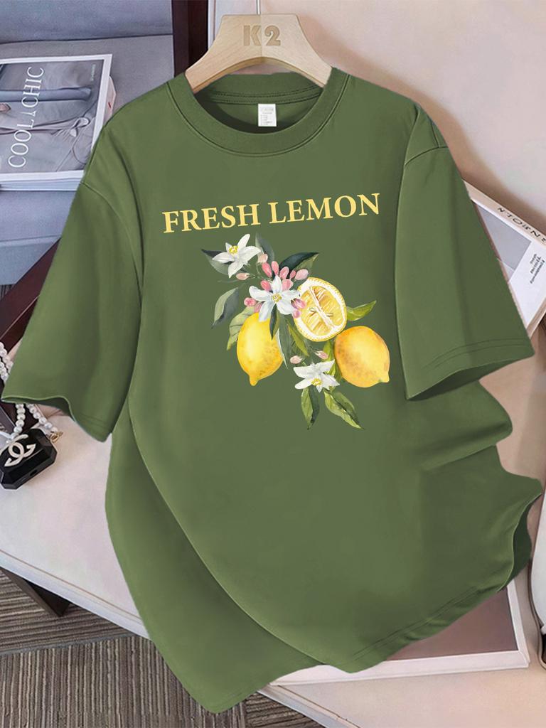 100 Cotton Summer TShirts Womens Fresh Lemon Flowers Printing Tops Comfortable Soft ONeck Short Sleeve Casual Womans Clothes