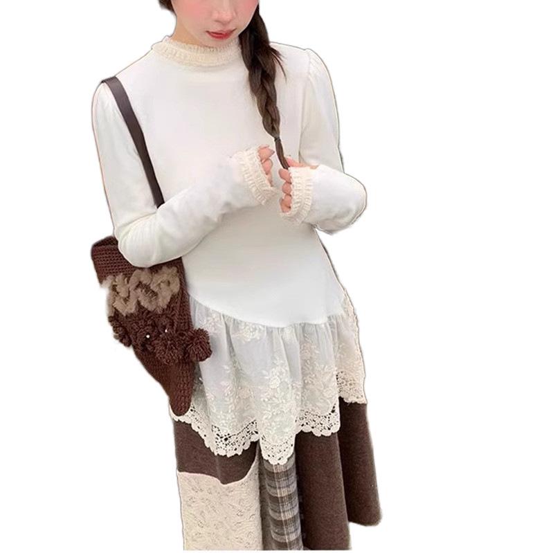 Autumn & Winter Lace Patchwork Mid-Length Ruffle Hem Base Top