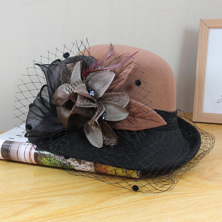 Woolen Hat Women'S Autumn And Winter British Retro Versatile Basin Hat Hepburn Mesh Flower Crimped Top Hat