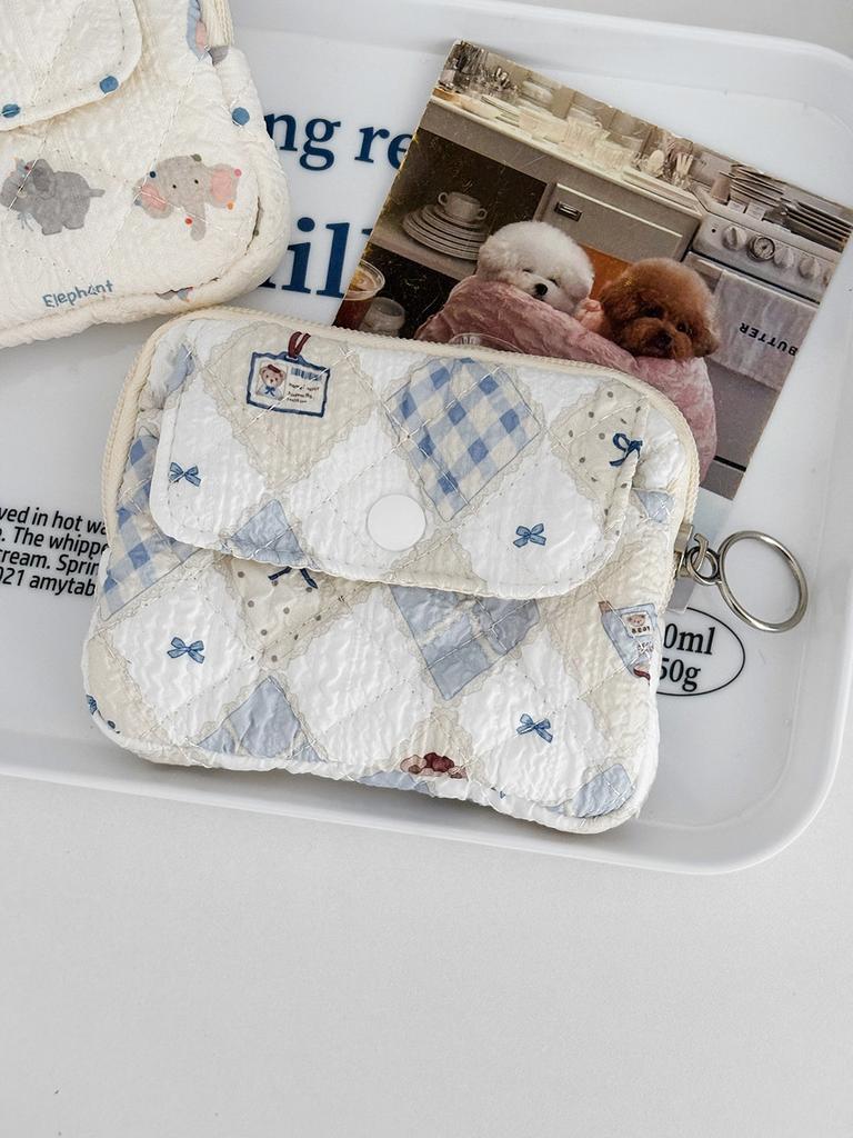 Cute Cartoon Bowknot Print Women's Zipper Change Bags Quilted Plaid Ladies Portable Clutch Storage Bag Female Multi Pocket Purse