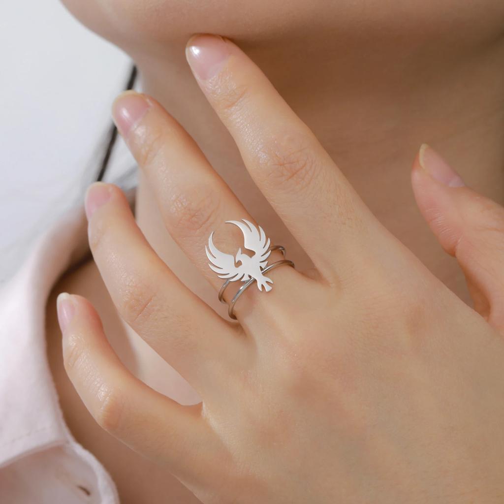 Phoenix Totem Women's Open Ring Stainless Steel Gold Animal Finger Rings Jewelry Gifts Trendy In