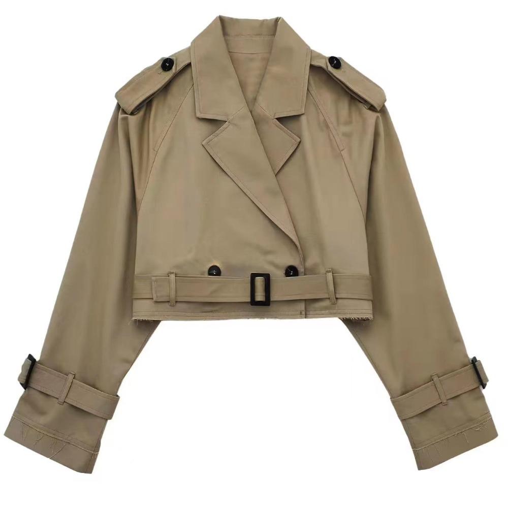 

Женская мода с поясом Укороченный тренч Винтажный отложной воротник Длинный рукав Женское шикарное пальто Наряды L коричневый