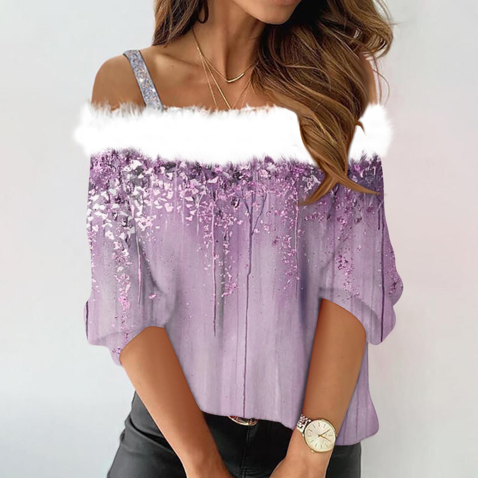 

Women s Fashion Long Sleeve Strapless One Shoulder Printed Party Plush Neck Top M фіолетовий