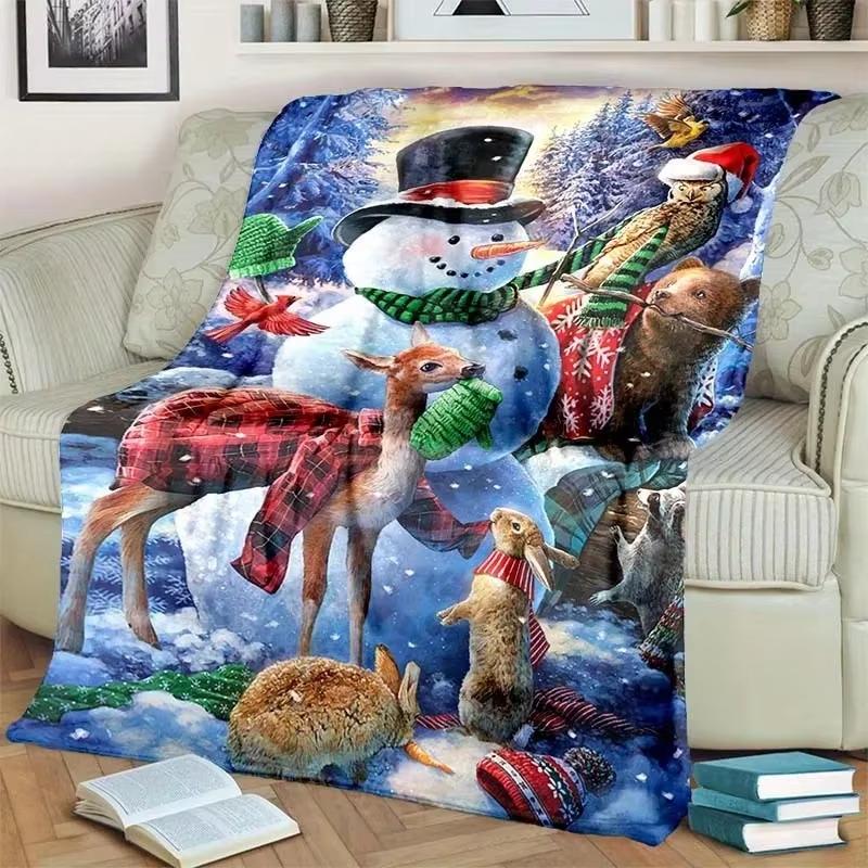 Coperta con Motivo Pupazzo di Neve e Animali Natalizi - Morbida Accogliente Poliestere per Tutte le Stagioni Casa Esterno Plaid Regalo per Famiglia o Amici