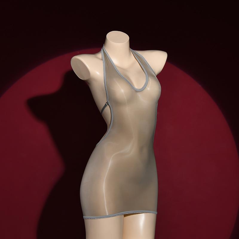 Glossy Ultra-Thin V-Neck Bodycon Dress Horse Oil Stockings Temptation Bed Black Silk Smooth Sexy Tight Mini Dress