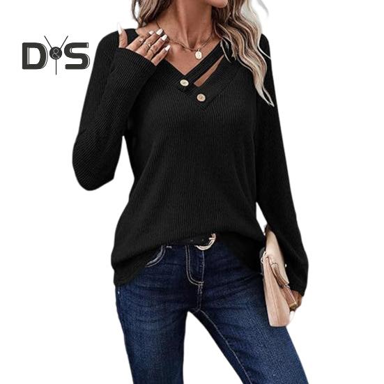 

Женские топы с V-образным вырезом, длинным рукавом, ребристым трикотажным топом с пуговицами, однотонная свободная крой, эластичная осенняя рубашка, повседневная офисная одежда M чёрный
