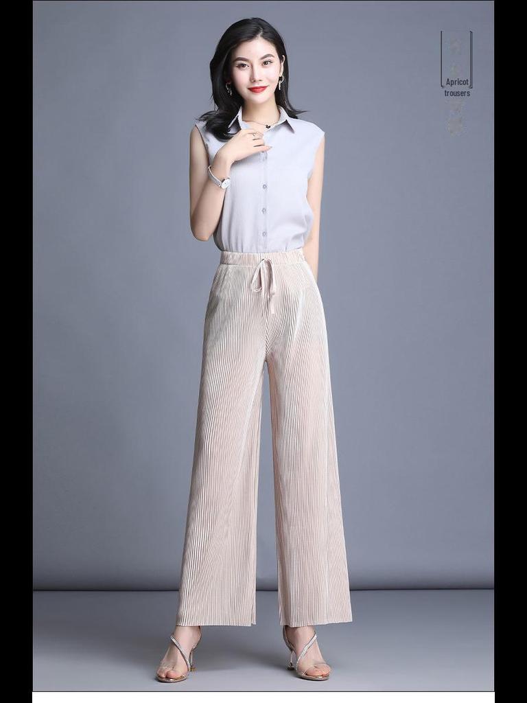 Women's High-Waist Pleated Wide-Leg 9-Point Casual Trousers