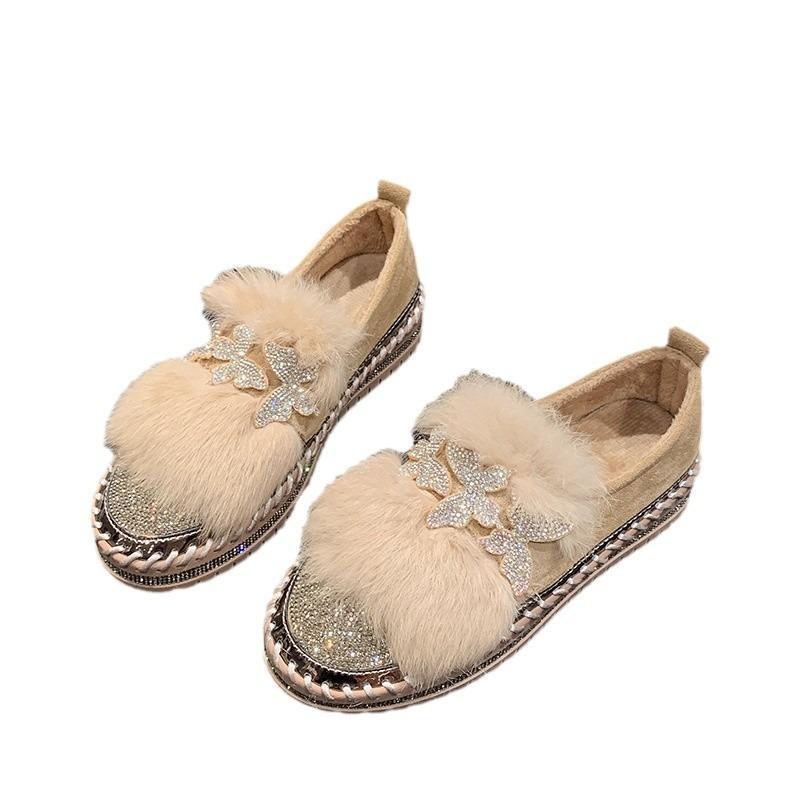 Fleece Warm Butterfly Rhinestone Casual Shoes Autumn and Winter New Thick-soled Women's One-pedal Lazy Shoes Women