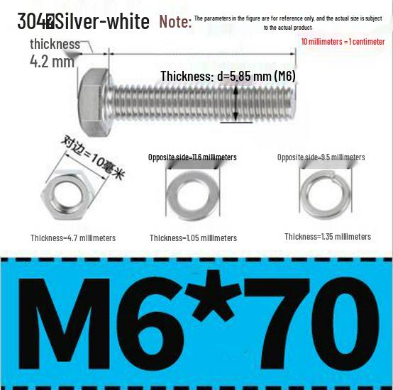 304 Stainless Steel Hex Head Bolt and Nut Set M6-M14, Lengths 8-100mm