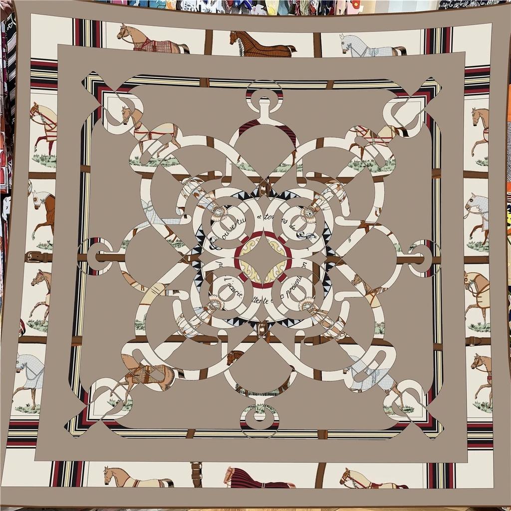 130CM Vintage Women Large Shawl French Printed Square Scarves Bandana Luxury New Kerchief Hijab Scarf