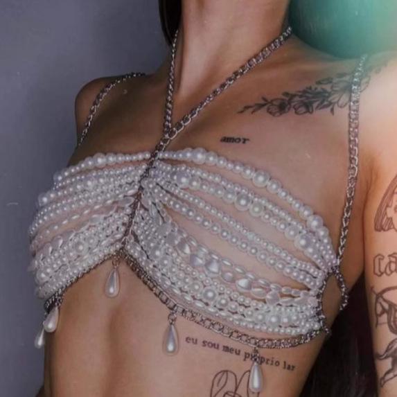 Q5119Y European/American Sexy Metal & Pearl Chain Halter Vest Top with Body & Waist Chain