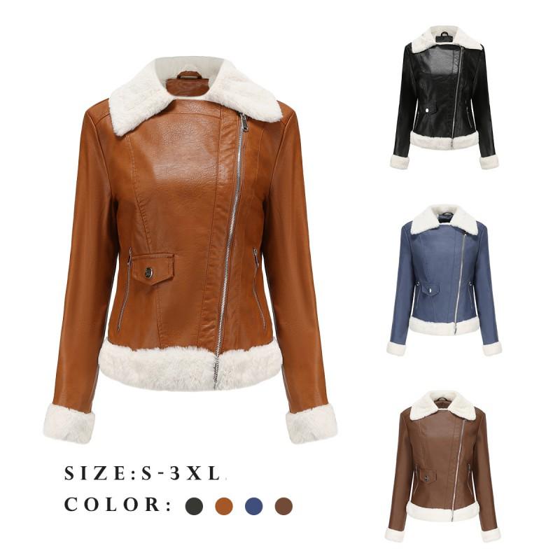 Womens Fleece-Lined PU Leather Jacket With Fur Collar Classic Turn-Down Long Sleeve Winter Commute Casual Wear