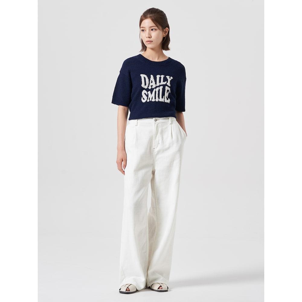 8SECONDS Wave Letter Jacquard Round Neck Short Sleeve Pullover Navy