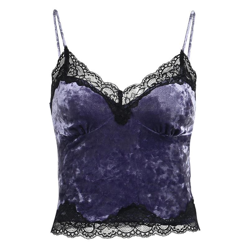 GMXIA Summer Sexy Spice Patchwork Top for Women Dark Wind Velvet Lace Lace Camisole
