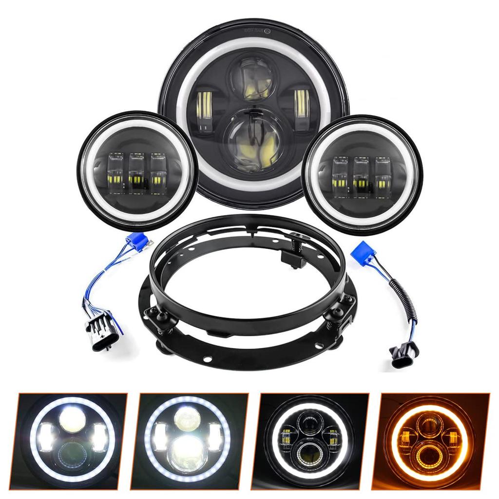 VOSICKY Motorcycle LED Light Includes one headlight with white daytime running lights and yellow turn two white fog and a headlight bracket Set