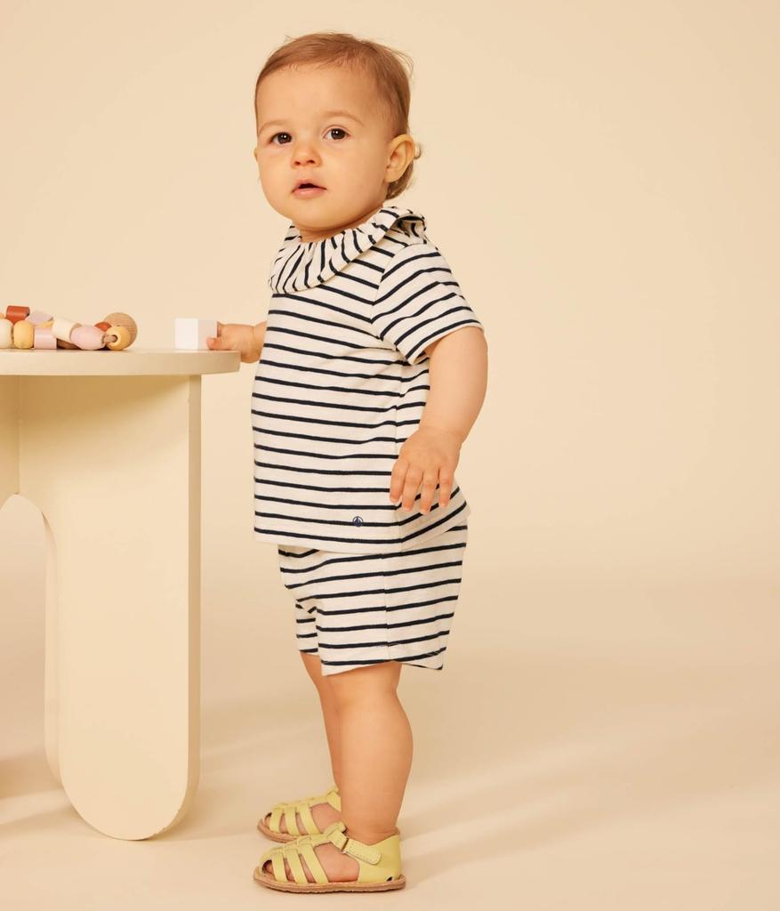Bomullskant Kortermet Klippet og Sydd A09ZO Melkehvit 18 Måneder 81cm [Petit Bateau] Hvit/Marineblå