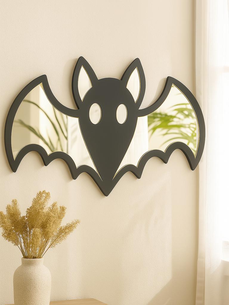 Acrylic Halloween Bat Shape Wall Mirror, Wooden Black Frame Wall Hanging for Living Room Bedroom, Spooky Aesthetic Wall Ornament