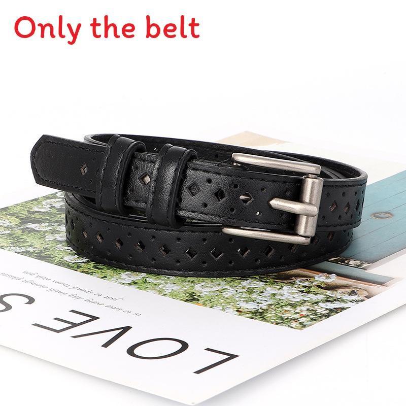 Womens Pu Leather Belt No Punching Required With Silver Buckle And Hollow Design