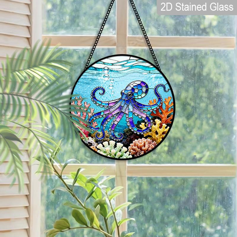 2D Flat Stained Glass Octopus Ocean Theme Window Decoration, 7.87inches The Blue Octopus in The Coral Design Colored Glass Plate with Chain, Summer