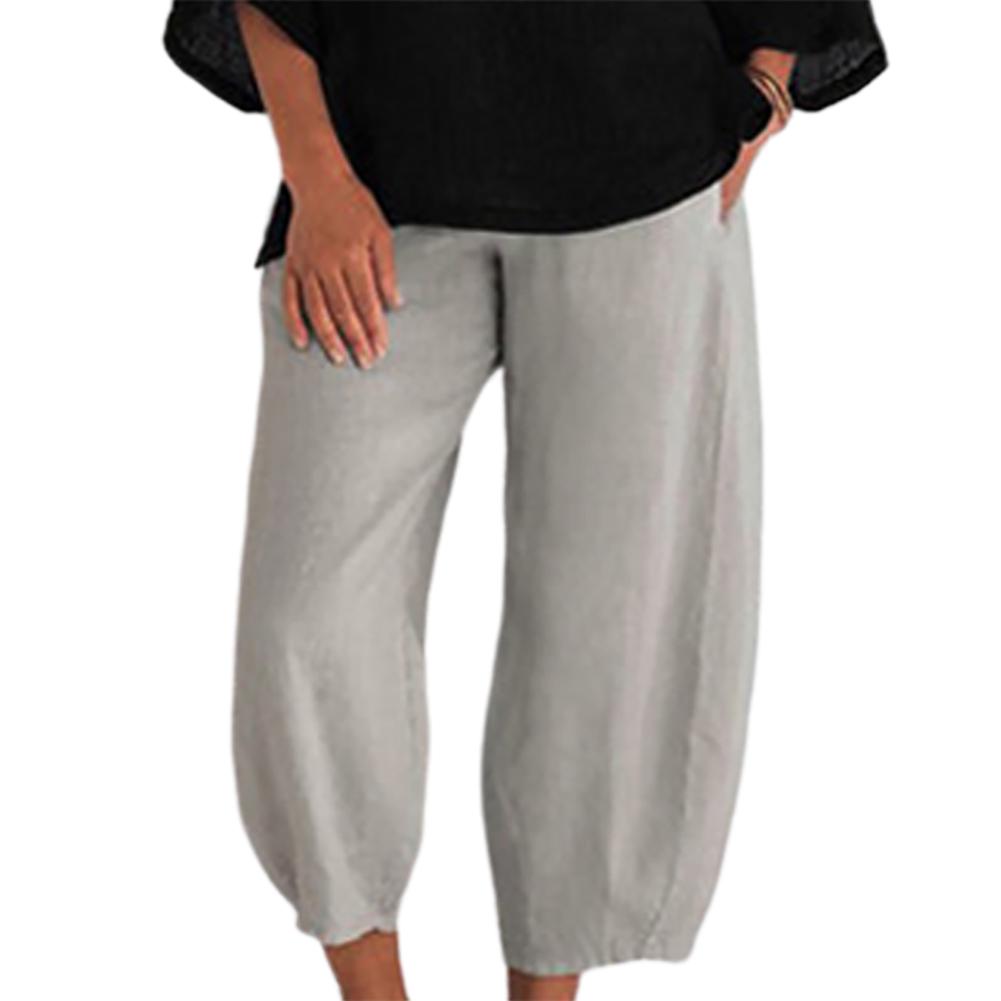 Women Elastic Waistband Pockets Loose Ninth Pants Baggy Trousers