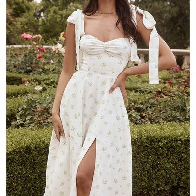 Sweet Slim Floral Printed Strap Dress For Holiday Elegant High-waist Sleeveless Lace-up Ladies Dress Sexy A-line  Robe 26228