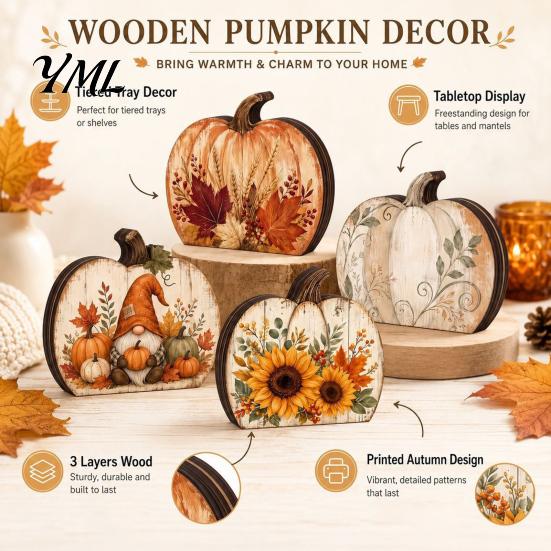 Desktop Decorative Wood Signs Thanksgiving Fall Pumpkin Table Decoration, Rustic Block Wooden Sign, Autumn Vintage Centerpiece Farmhouse Tabletop for