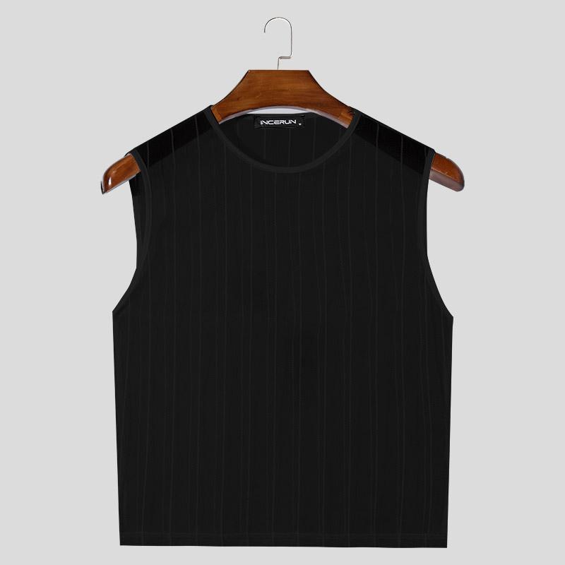 INCERUN Men Sleeveless Fishnet See Through Short Tank Tops Mesh Crop T-shirts