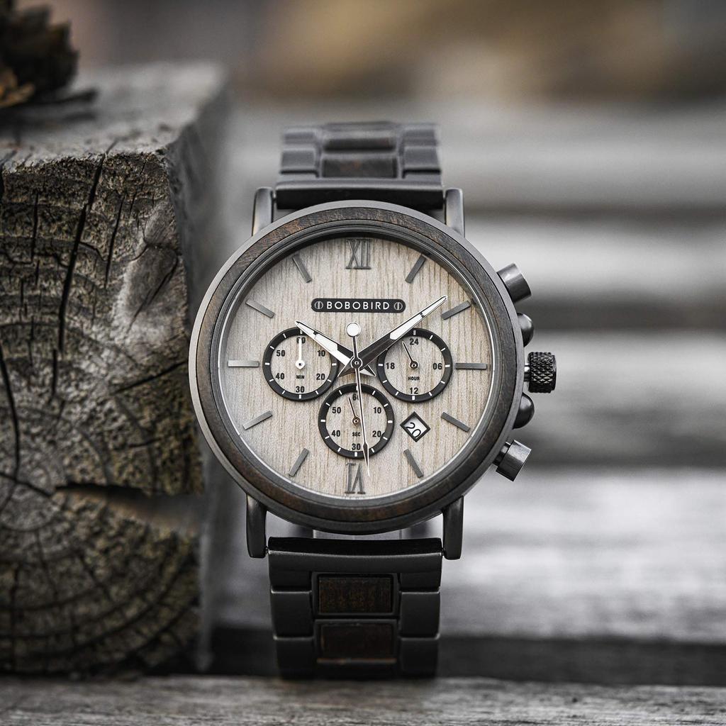 BOBO BIRD Wooden Watch GT0051 30m 44mm x Jewelry Analog Quartz Wooden Gift Box Included Men's Gray, Watertight, 11mm, Clasp, Movement, Band,