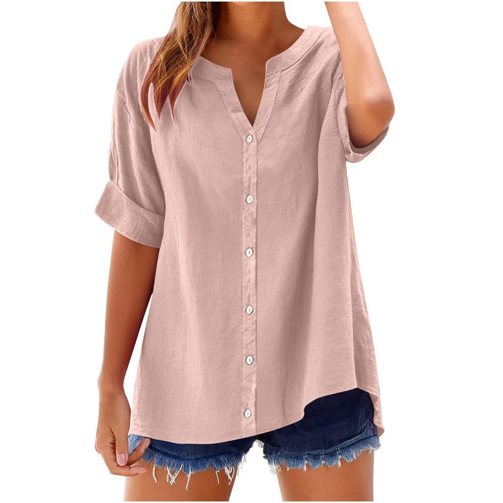 Vacation Style Fashion Simple and Loose Single Breasted Short Sleeved Top Cotton and Linen Women's Blouses & Shirts