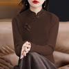 Velvet Plus Thickened Retro Long Sleeve T-shirt - Women's Embroidered Autumn/Winter Outerwear Base Layer