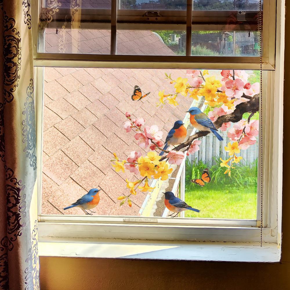 Spring-themed Painted Flowers, Branches, Birds, Outdoor Balcony, Glass Mirror, Decoration Stickers