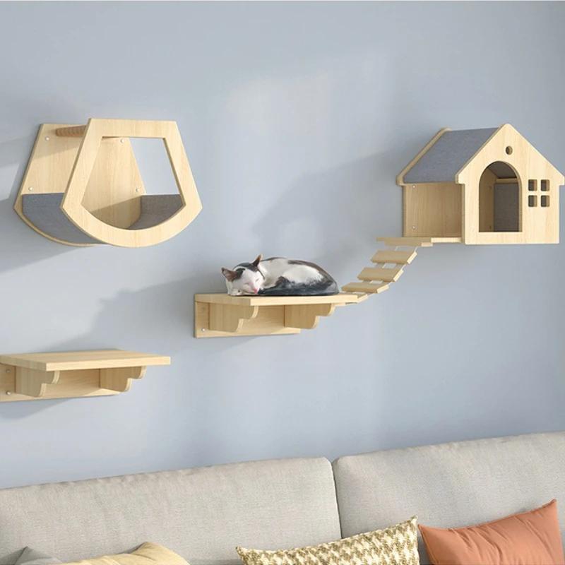 Wooden Cat House Elevated Bed for Cats Wall Mounted Kitten Villa Climbing Shelf for Pets Floating Shelves for Sleeping