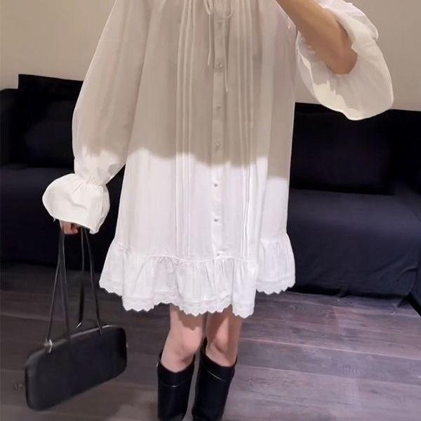 French Holiday Style Unique Beautiful Temperament High Sense Chic and Thin White Lantern Sleeve Shirt Dress