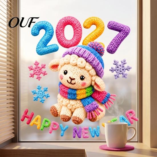 Electrostatic Glass Stickers Chinese New Year Window Stickers, 2027 Goat Static Clings, Reusable Decorations Crochet Knit Lamb Decals, Decor for Home