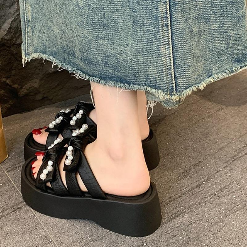 Fashion Summer New Rhinestone Bow Wedge Slippers Women's Fashion Round Toe Open Toe Platform Anti-Slip Wear-Resistant Flats