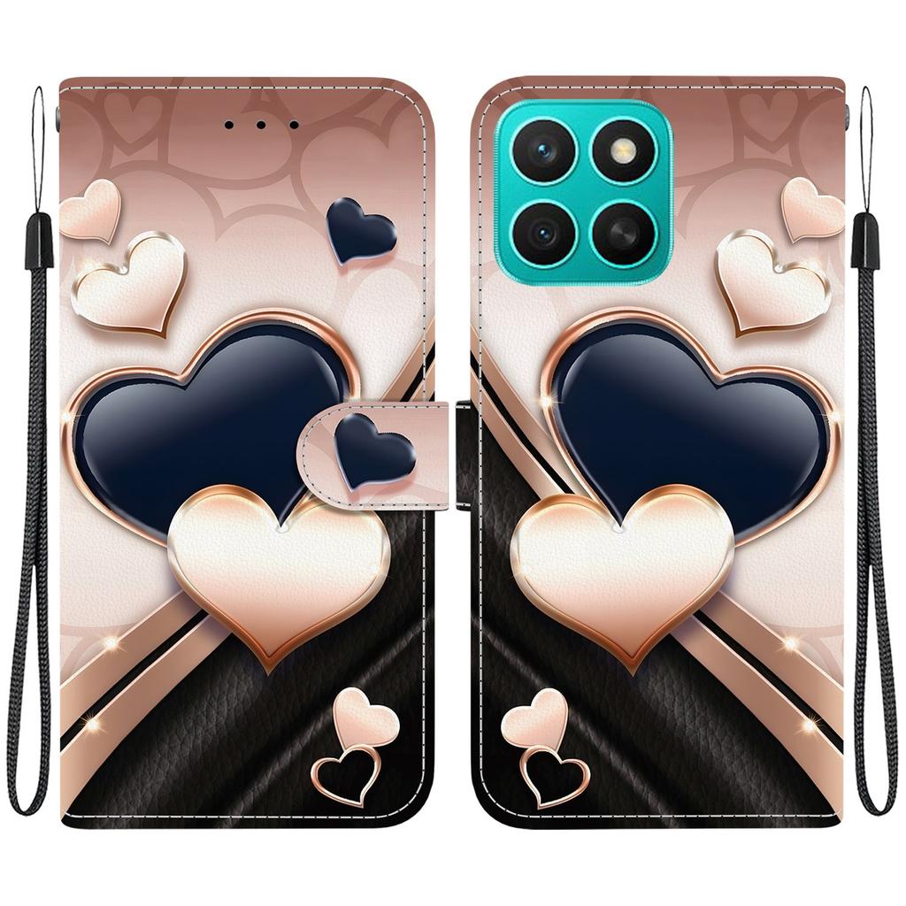 Handgefertigte PU-Leder-Flip-Hülle für Honor X8c Rutschfeste Stoßfeste Hülle mit Handschlaufe & Herz/Rose Katze Designs