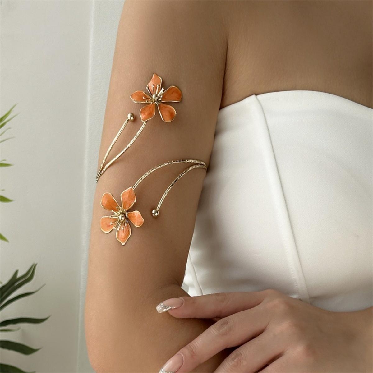 

Vintage Elegant Colorful Enamel Flower Arm Cuff Bracelets For Women Men Romantic Floral Open Bangle Summer Beach Party Zircon