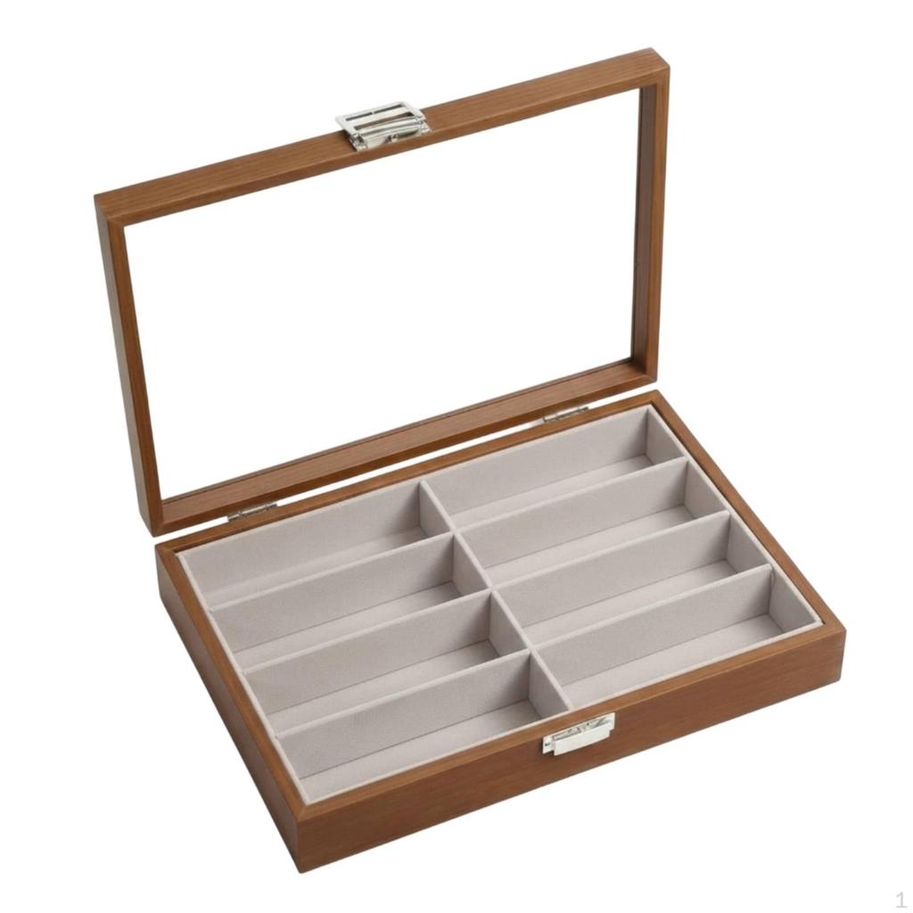 Sunglasses Organizer WoodenGrain Sunglass Box with Glass Lid 8Compartment Storage for